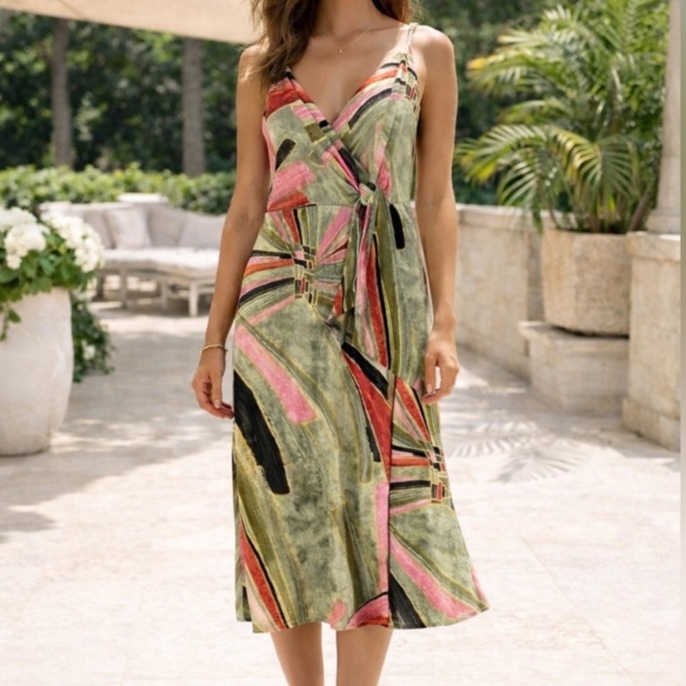LIKE NEW Jason Wu Tropical Linen Blend Faux Wrap Front Midi Dress